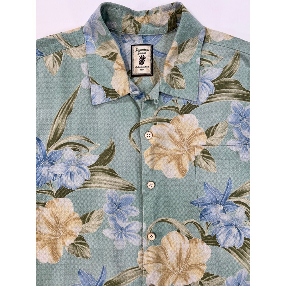 Jamaica Jaxx Mens XL Sage Green Tropical Floral 100% Silk Camp Aloha Shirt